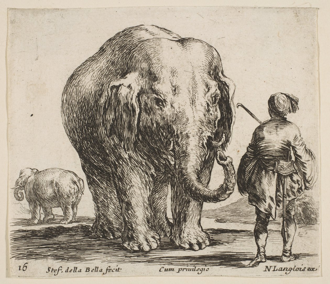 Plaat 16: een olifant in het midden, zijn mahout staat rechts met een Oosters hoofddeksel, ca. 1644-47 door Stefano della Bella