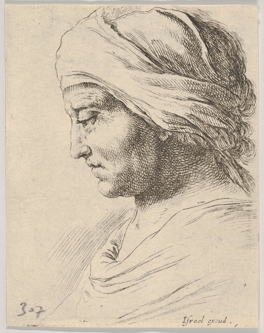 Hoofd van een oude man in profiel met een doek om zijn hoofd gebonden, uit De B... door Stefano della Bella