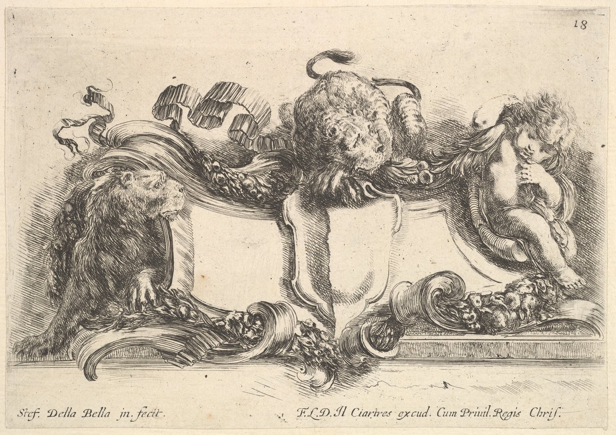 Plaat 18: een cartouche met een leeg wapen, twee leeuwinnen, één links en één in het midden, 1646 door Stefano della Bella
