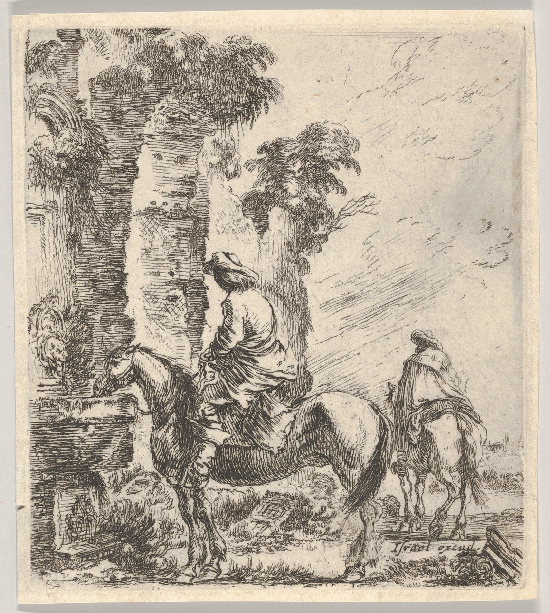 Ruiter die zijn paard laat drinken uit een fontein, ca. 1646 door Stefano della Bella