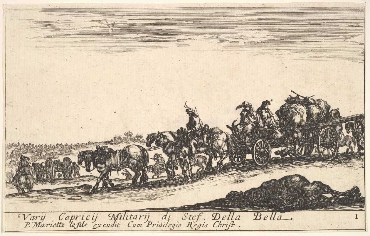 Plaat 1: Een door paarden getrokken kar met mensen en goederen, dood paard op de voorgrond, ca. 1641 door Stefano della Bella