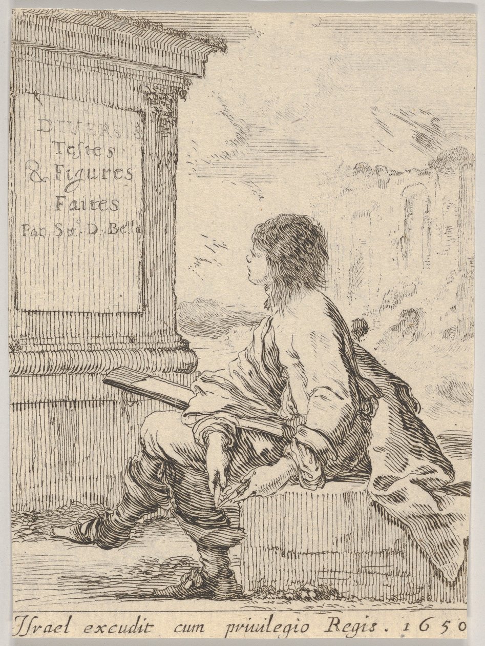 Plaat 1: een jonge man zittend op een steen, naar links in profiel, met een tekenblok..., 1650 door Stefano della Bella