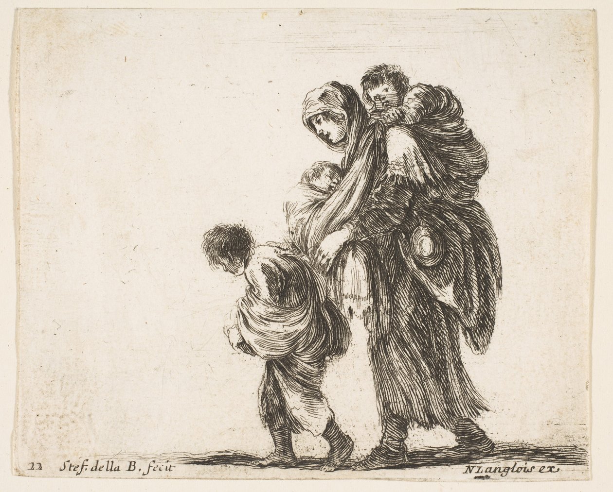 Plaat 22: een bedelares met drie kinderen, een kind op haar schouders, ca. 1644-47 door Stefano della Bella