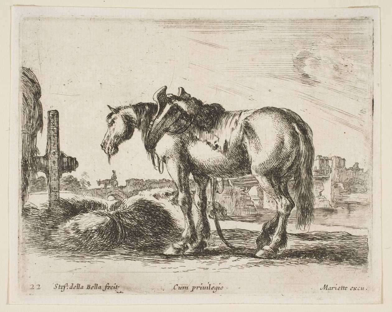 Plaat 22: trekpaard, uit Diverse dieren Diversi animali, ca. 1641 door Stefano della Bella