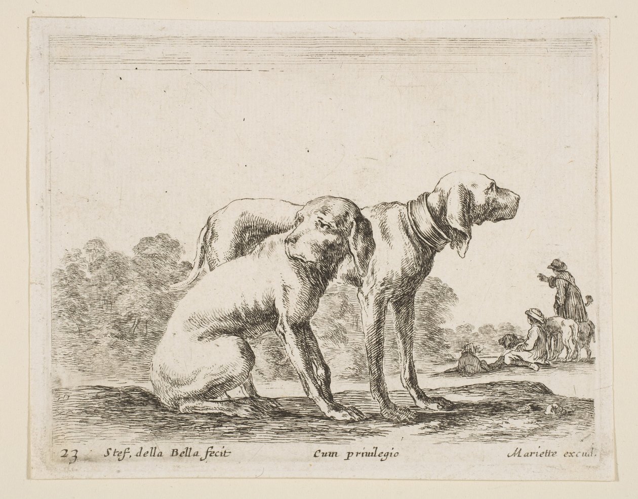 Plaat 23: twee honden, uit Diverse dieren Diversi animali, ca. 1641 door Stefano della Bella