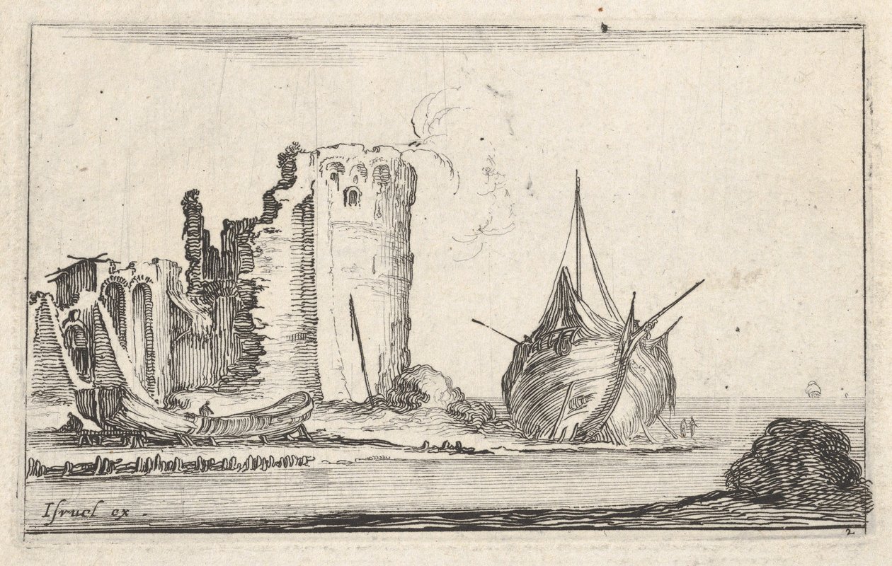Plaat 2: een schip rechts en een roeiboot links, aangespoeld op de kust, een toren in ruïnes, ca. 1642 door Stefano della Bella