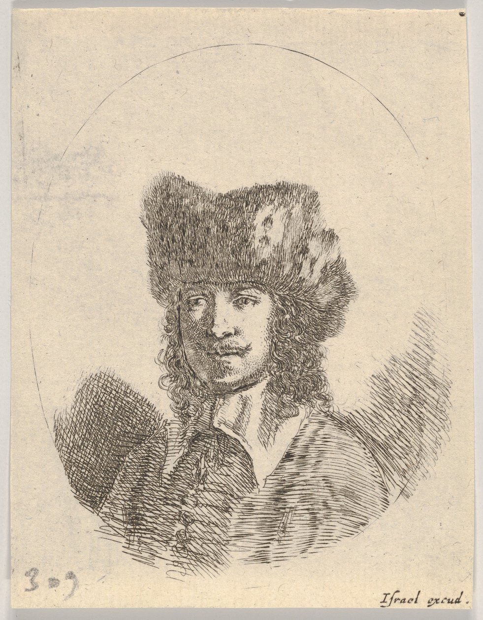 Plaat 2: hoofd van een man met snor en bontmuts naar links, een ovale compositie, 1650 door Stefano della Bella