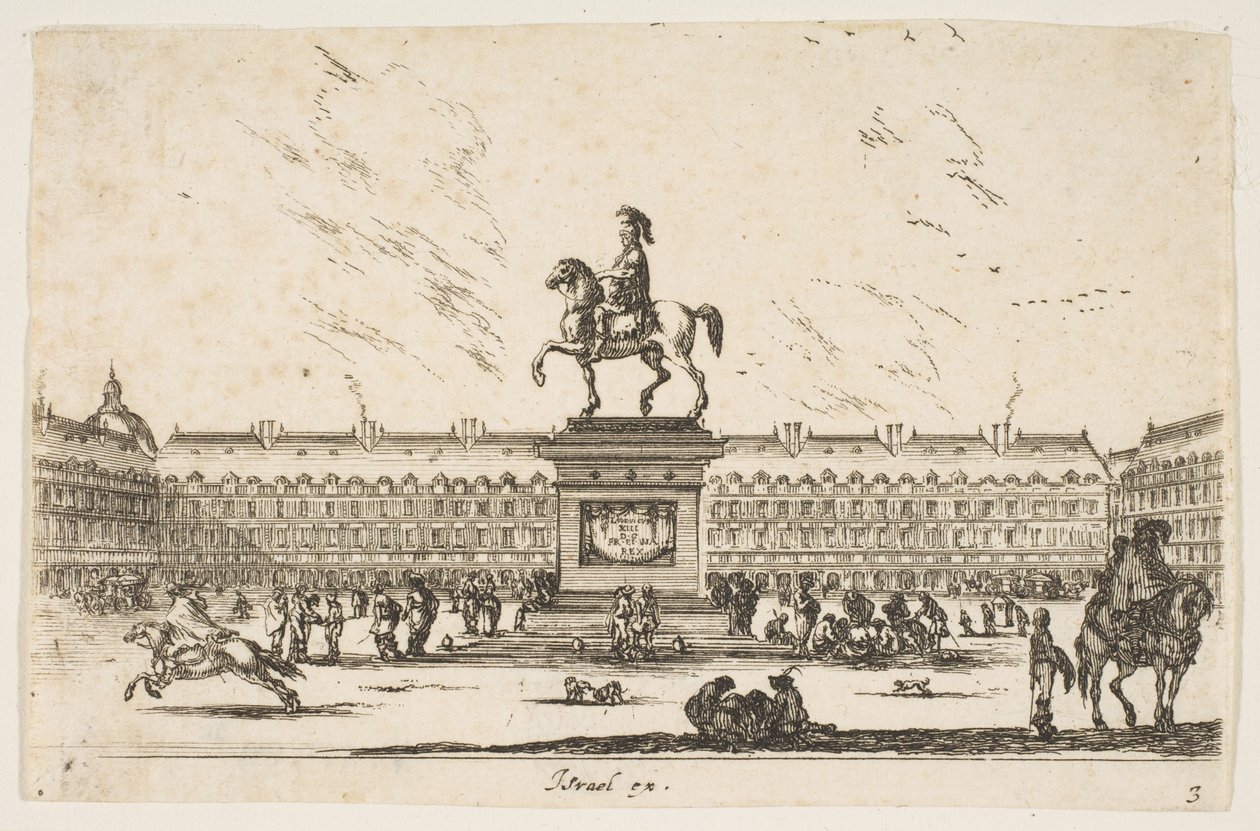 Plaat 3: La Place Royale, ruiterstandbeeld van Lodewijk XIII in profiel naar links in ce..., 1642 door Stefano della Bella