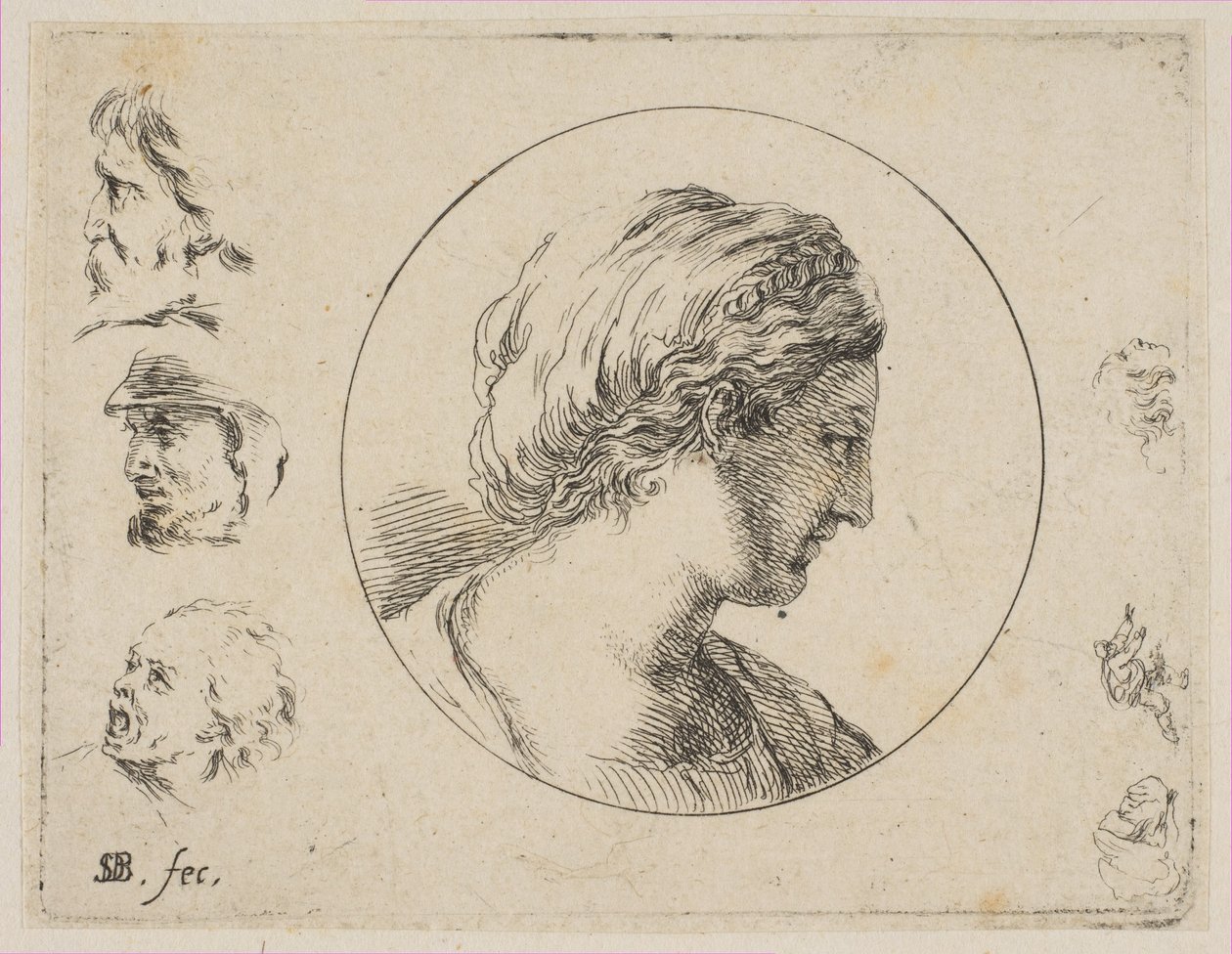 Hoofd van een vrouw in profiel, uit Tweede verzameling van diverse krabbels en etsen, ca. 1646 door Stefano della Bella