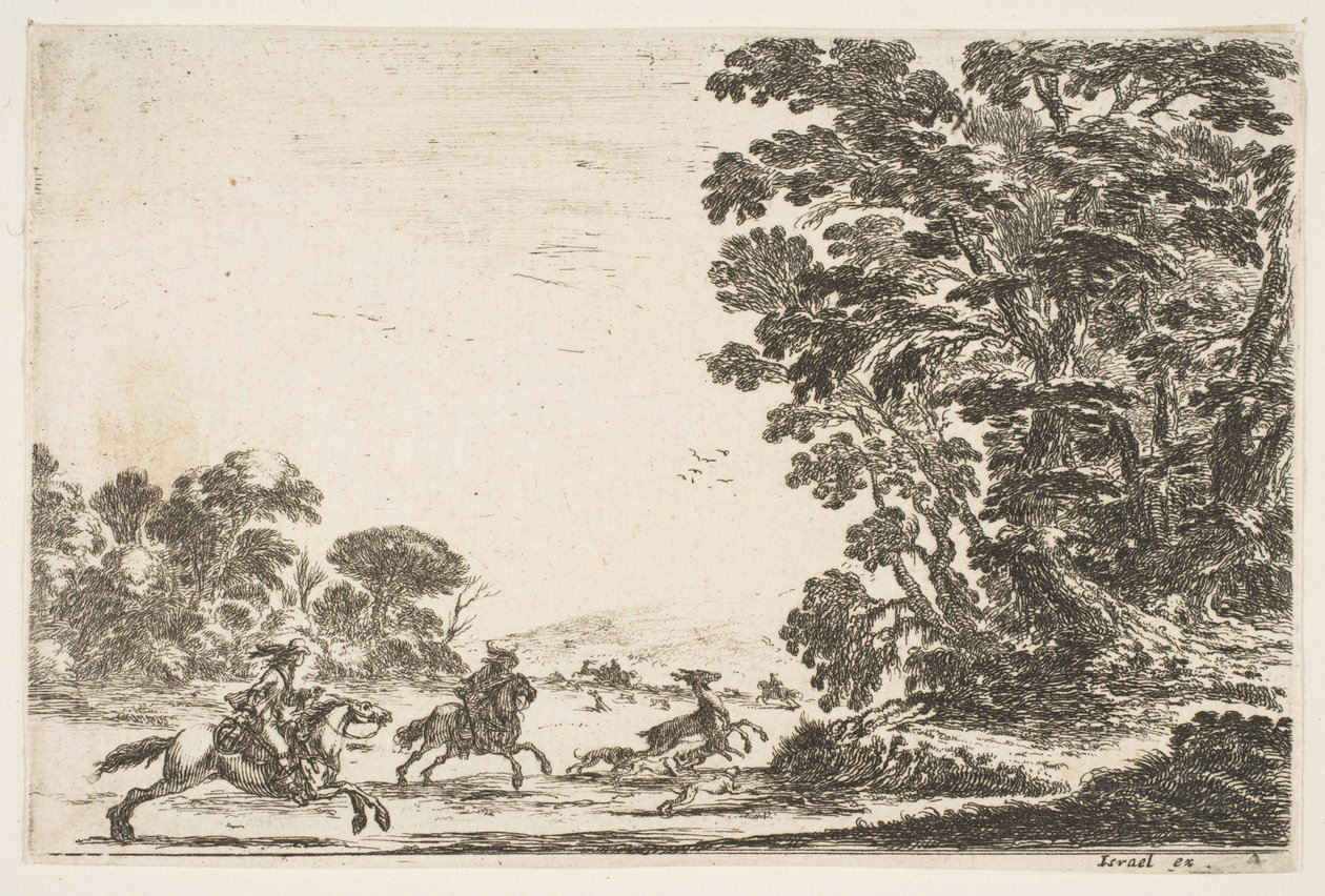 Plaat 4: een hertenjacht, twee ruiters galopperen naar links achter drie honden en een hert, 1642 door Stefano della Bella