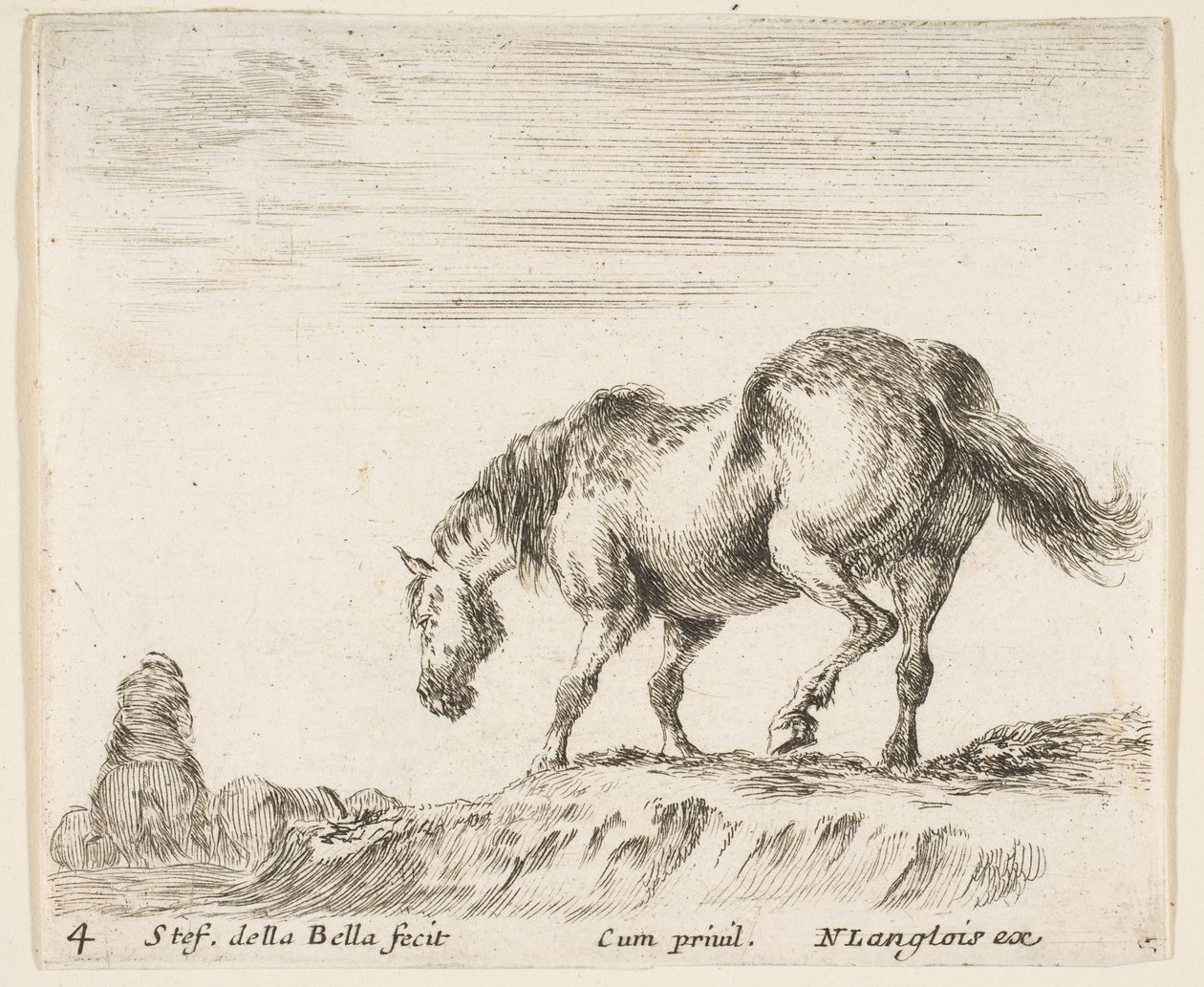 Plaat 4: een paard in profiel naar links, op het punt om van een heuvel af te dalen, een paard..., ca. 1644-47 door Stefano della Bella