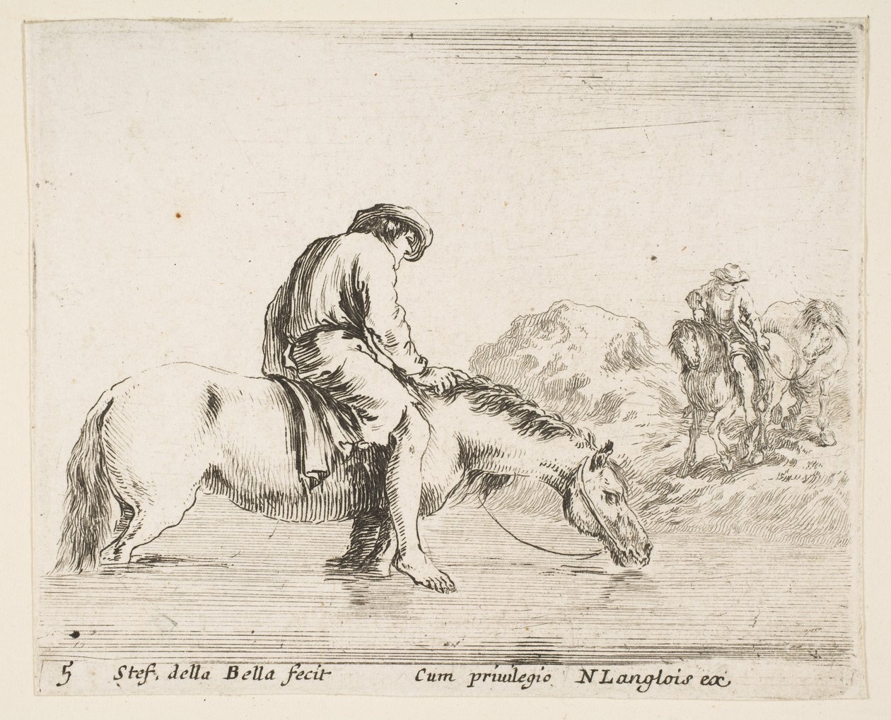 Plaat 5: een blootsvoetse boer te paard die een rivier oversteekt, een andere boer te paard..., ca. 1644-47 door Stefano della Bella