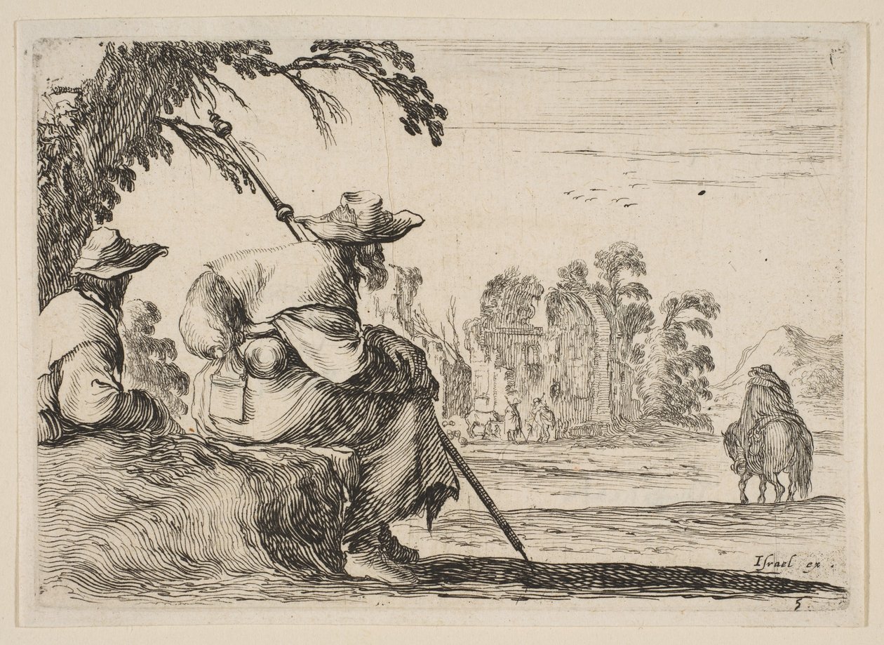 Twee pelgrims met hoeden rusten links, gezien van achteren, een ruiter rijdt naar voren, 1642 door Stefano della Bella