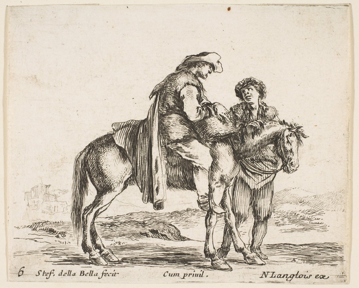 Plaat 6: een boer te paard in profiel naar rechts, met een mand door Stefano della Bella