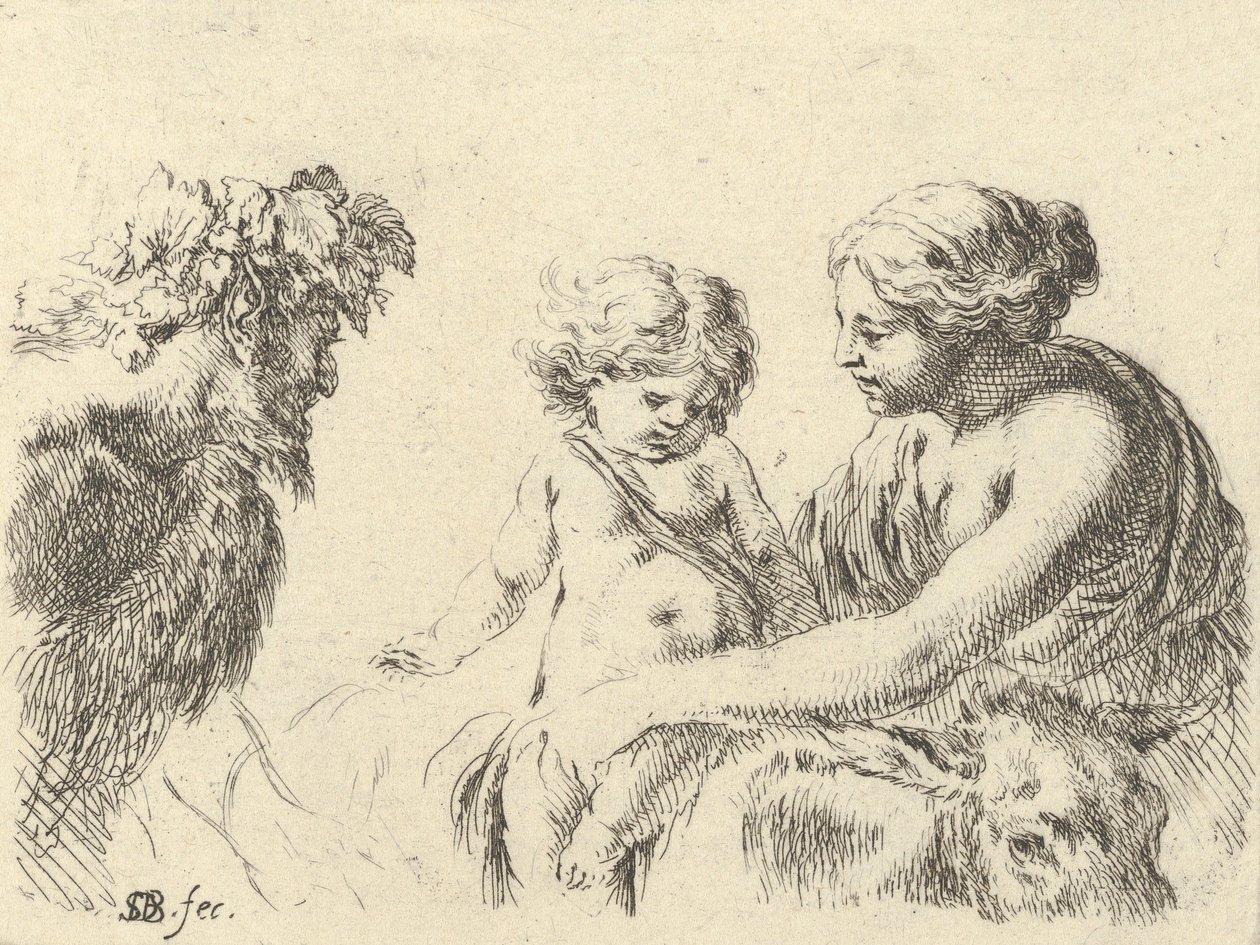 Plaat 6: een vrouw rechts die haar kind vasthoudt dat bovenop een ezel zit, een sater links..., ca. 1646 door Stefano della Bella