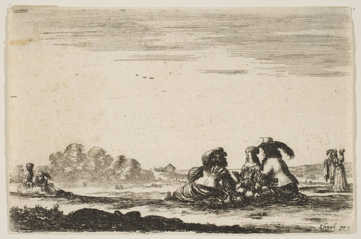 Plaat 7: Twee edellieden zittend in het midden, gezien van achteren, in gesprek met een edelvrouw, 1642 door Stefano della Bella