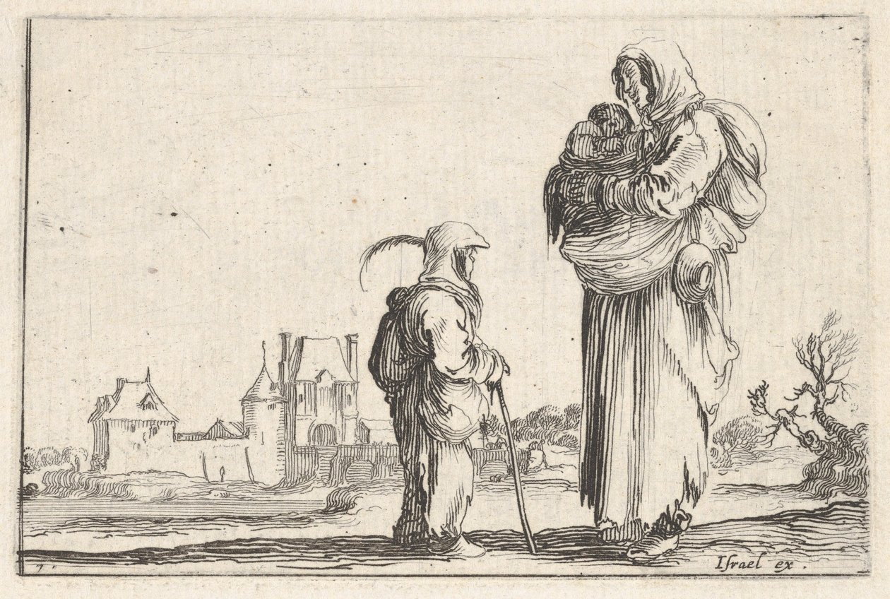 Blad 7: een boerin die een kind naar rechts draagt, pratend met een ander kind dat staat..., ca. 1642 door Stefano della Bella