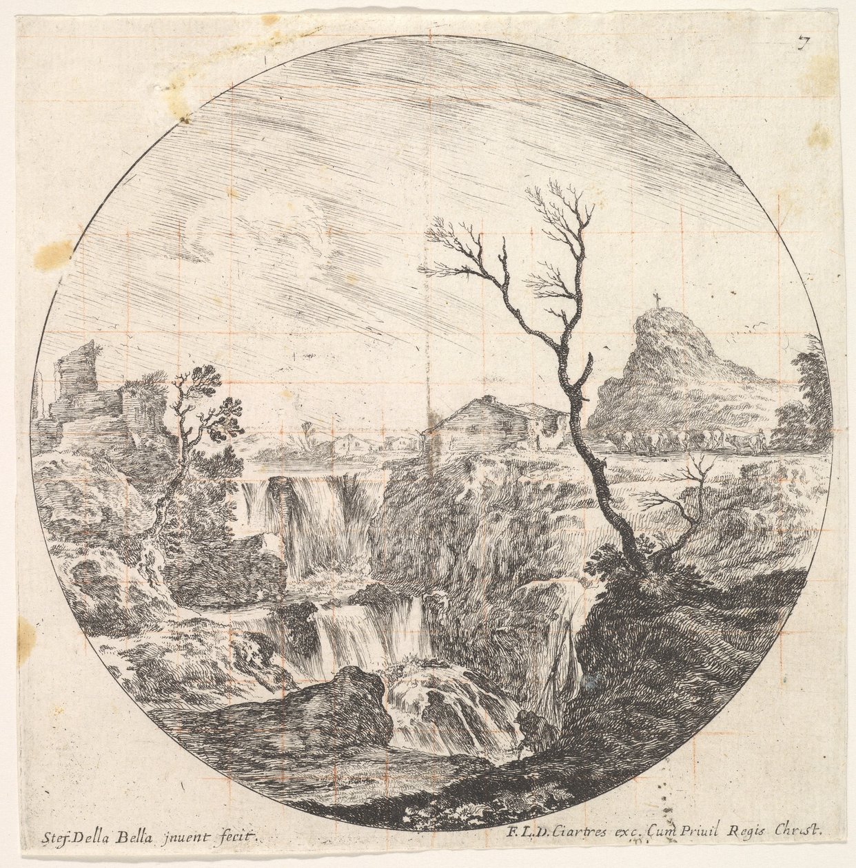 Plaat 7: een driedubbele waterval, een dode boom rechts, een berg en een kudde koeien, ca. 1643-48 door Stefano della Bella