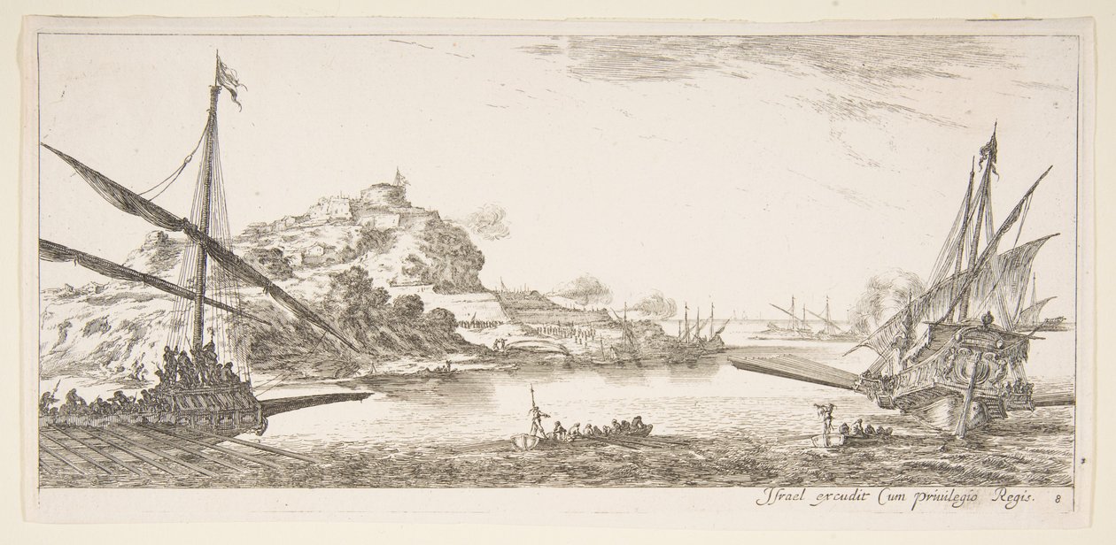 Plaat 8: De boeg van een galei links en een andere galei rechts, van achteren gezien..., ca. 1641 door Stefano della Bella