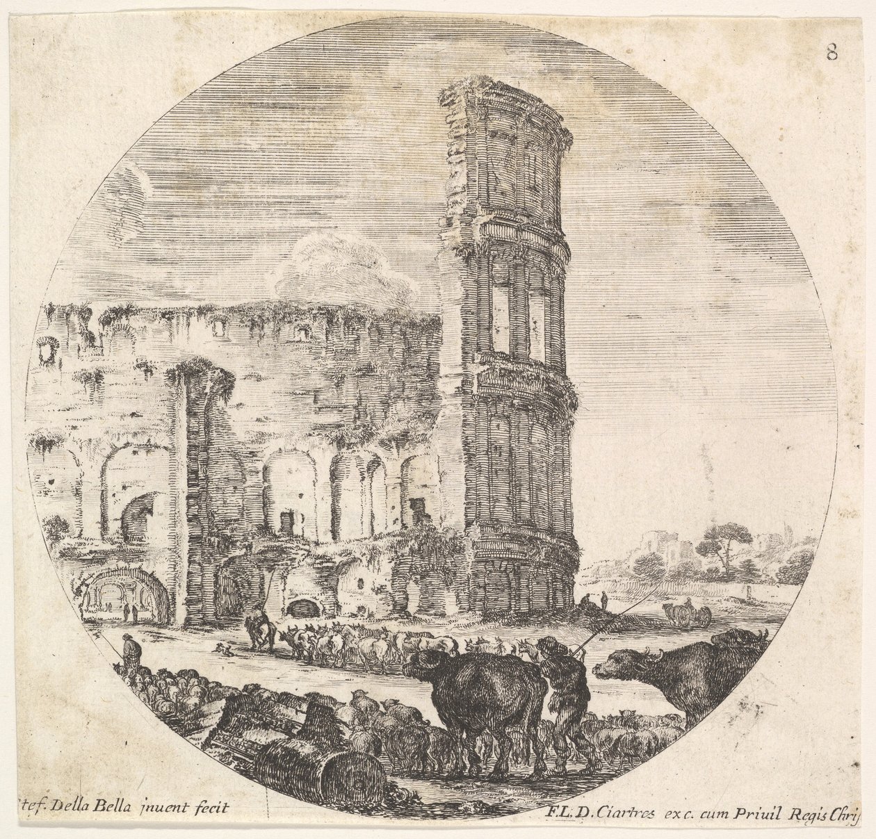 Plaat 8: het Colosseum, twee kuddes worden naar het amfitheater geleid..., ca. 1643-48 door Stefano della Bella