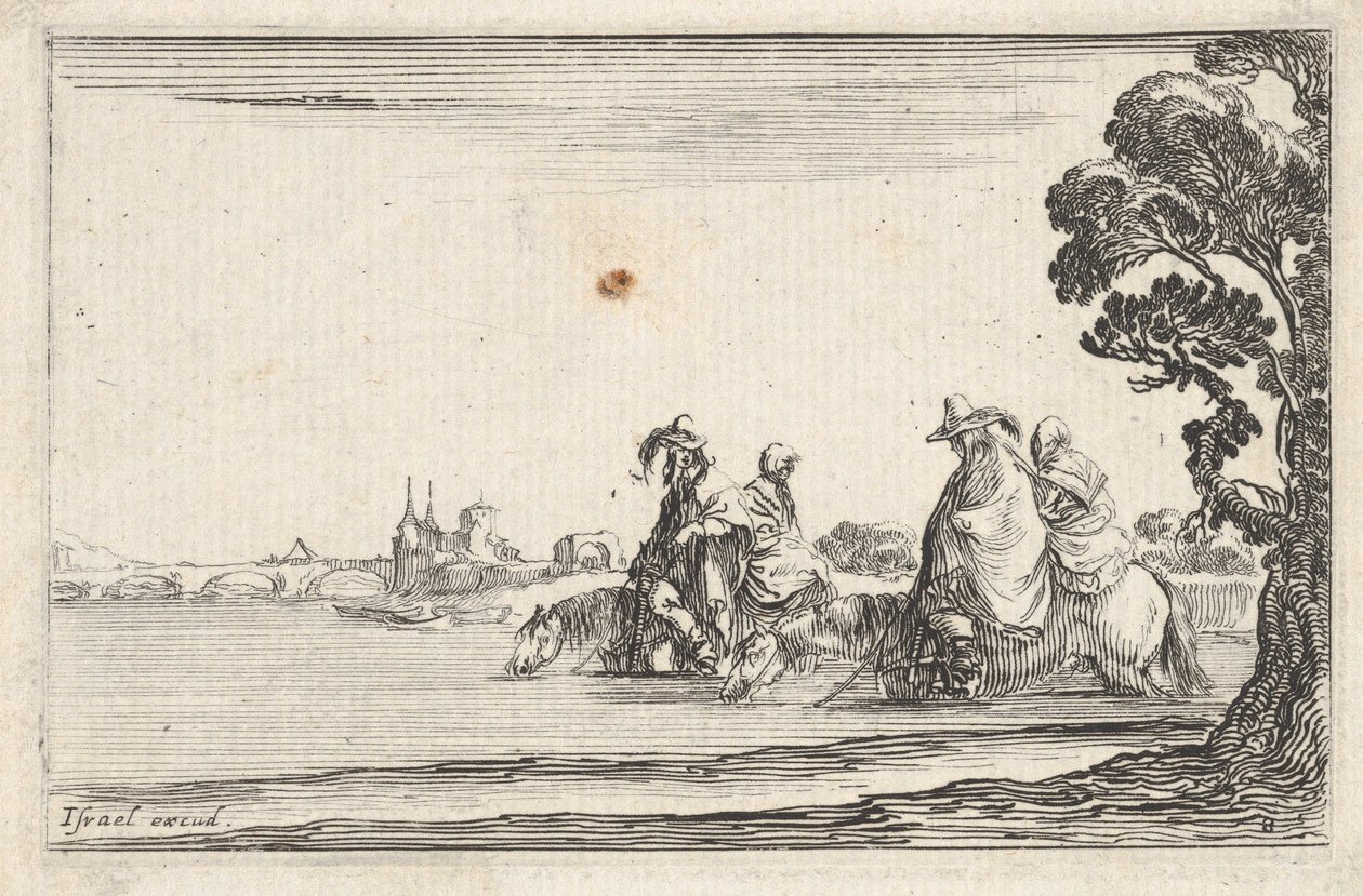 Plaat 8: twee ruiters met hoeden rechts, elk met een vrouw achter hen zittend, rijdend, ca. 1642 door Stefano della Bella