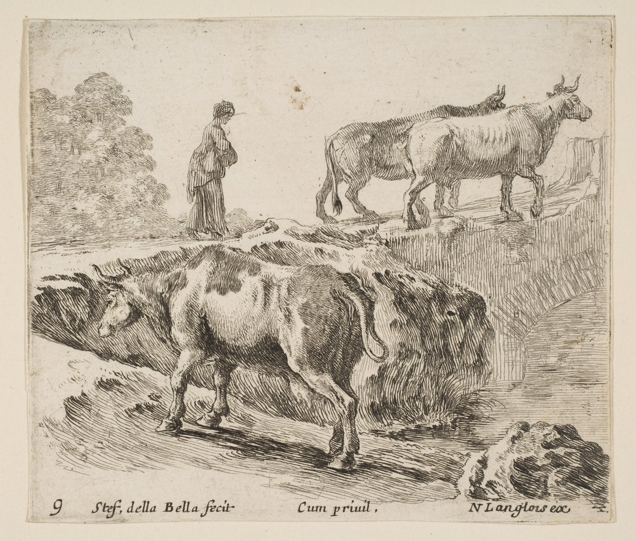 Plaat 9: een koe die een oever opgaat, een boerin leidt twee koeien over een brug, ca. 1644-47 door Stefano della Bella