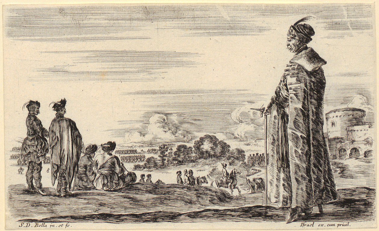 Paal met een hoed met pluimen en een mantel, naar links gekeerd, blad 7 van de reeks „Diverse figuren en landen” door Stefano della Bella