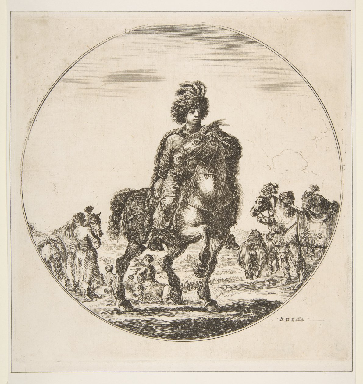 Poolse ruiter naar rechts, een cirkelvormige compositie, uit Figuren te paard, ca. 1651 door Stefano della Bella