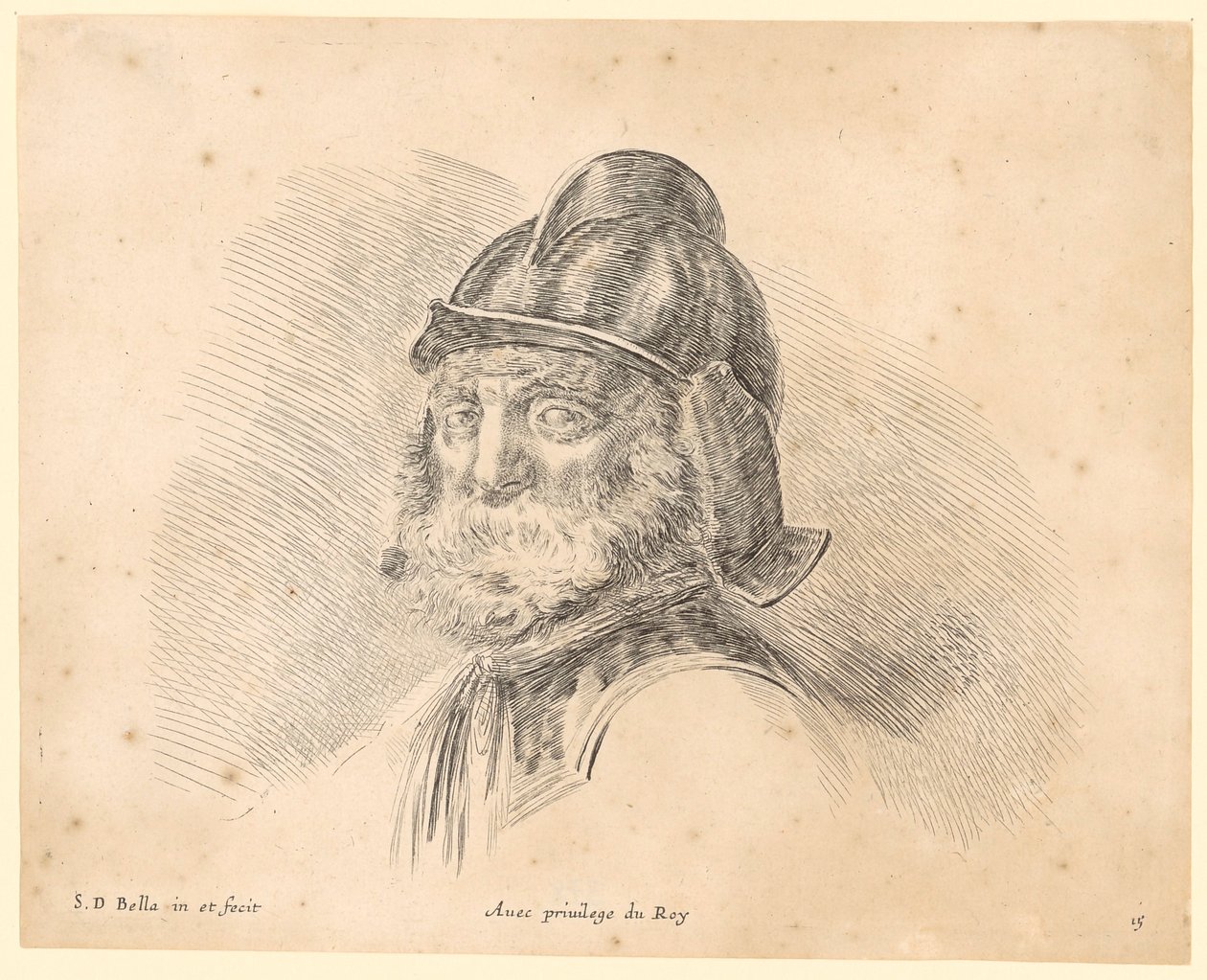 Portret van een bebaarde man met helm in driekwartprofiel naar links door Stefano della Bella