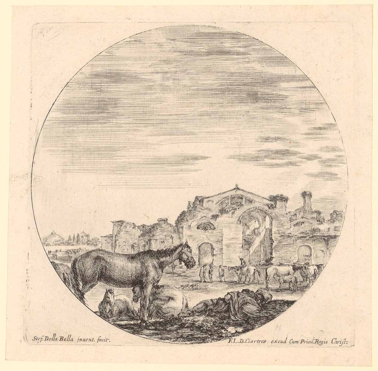 Rustende herder met paarden bij de Thermen van Diocletianus door Stefano della Bella