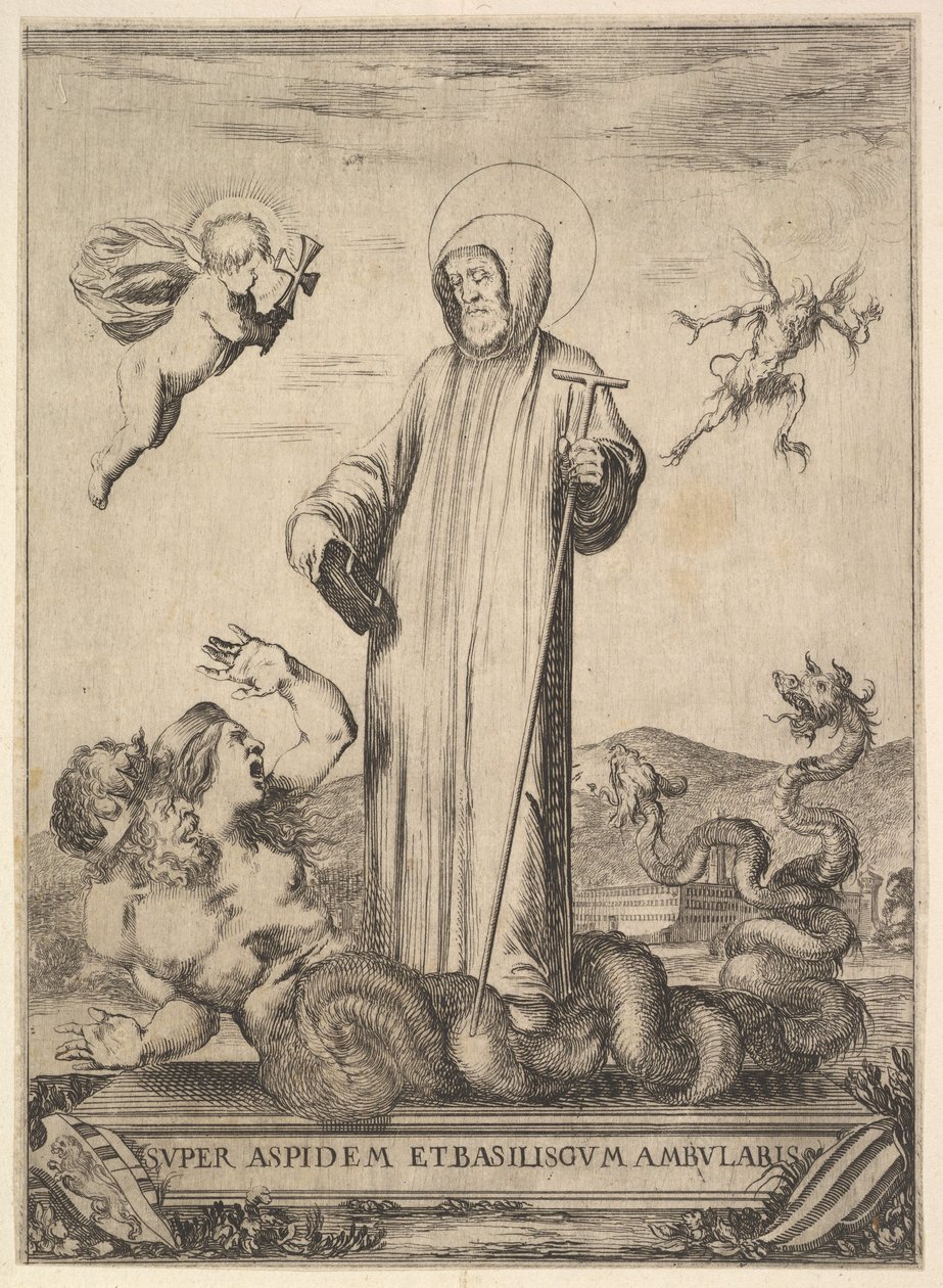 Sint Jean Gualbert vertrapt een monster met twee menselijke hoofden en een slangachtig lichaam, een vliegende..., 1640 door Stefano della Bella