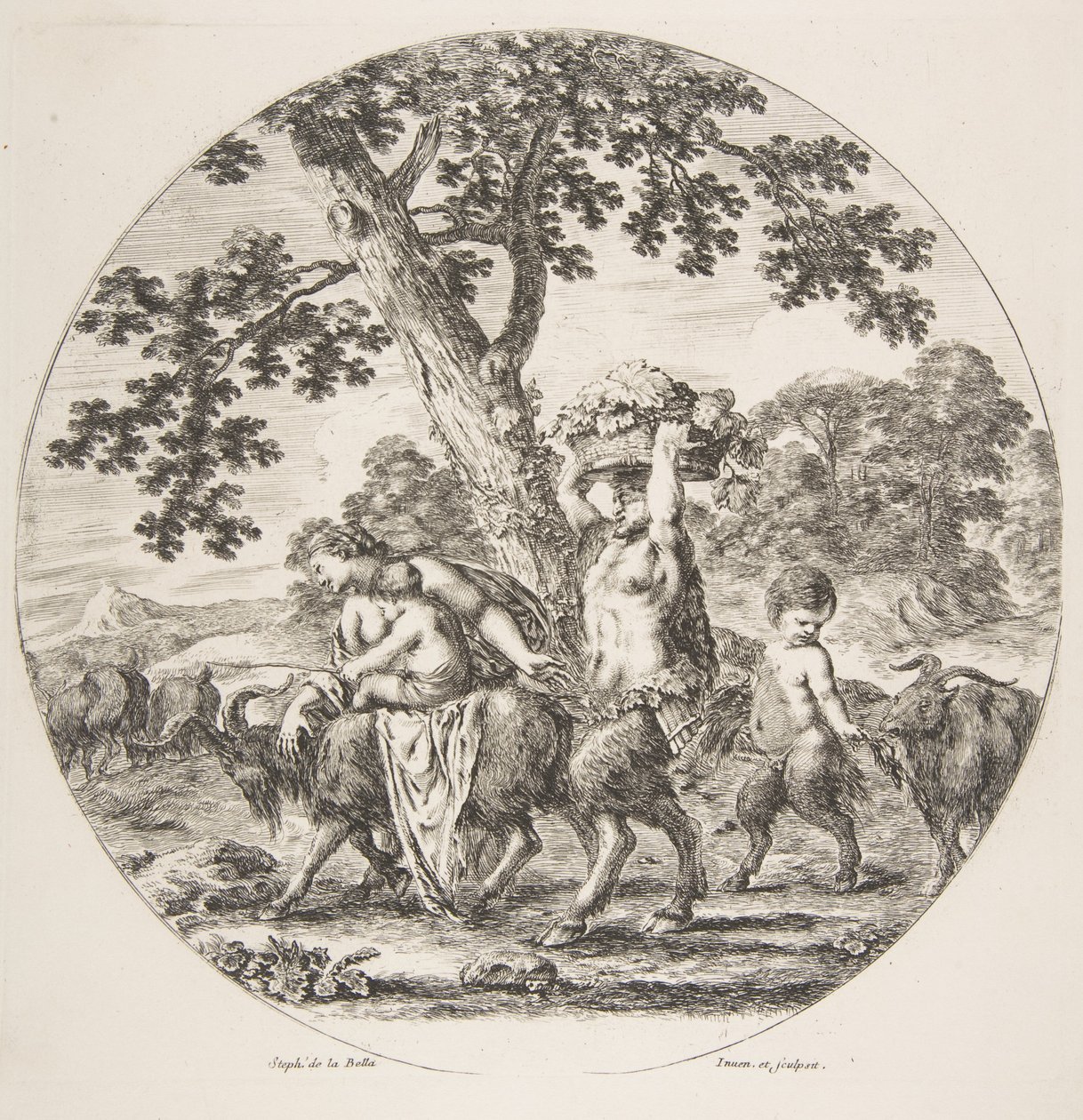 Satyrfamilie loopt naar links met twee geiten en een mand druiven door Stefano della Bella
