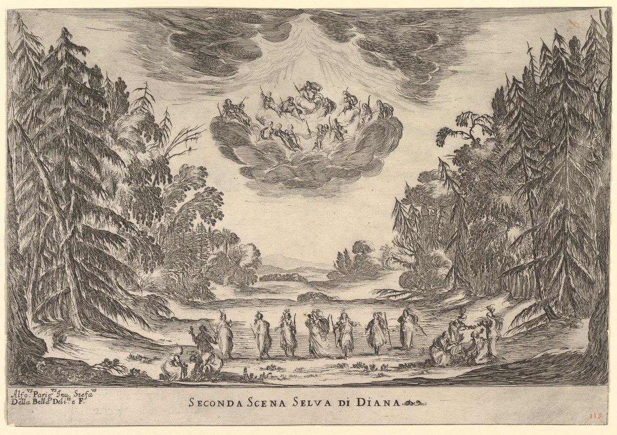 Tweede scène, in het bos van Diana, uit Het huwelijk van de goden Le nozze degli Dei, 1637 door Stefano della Bella
