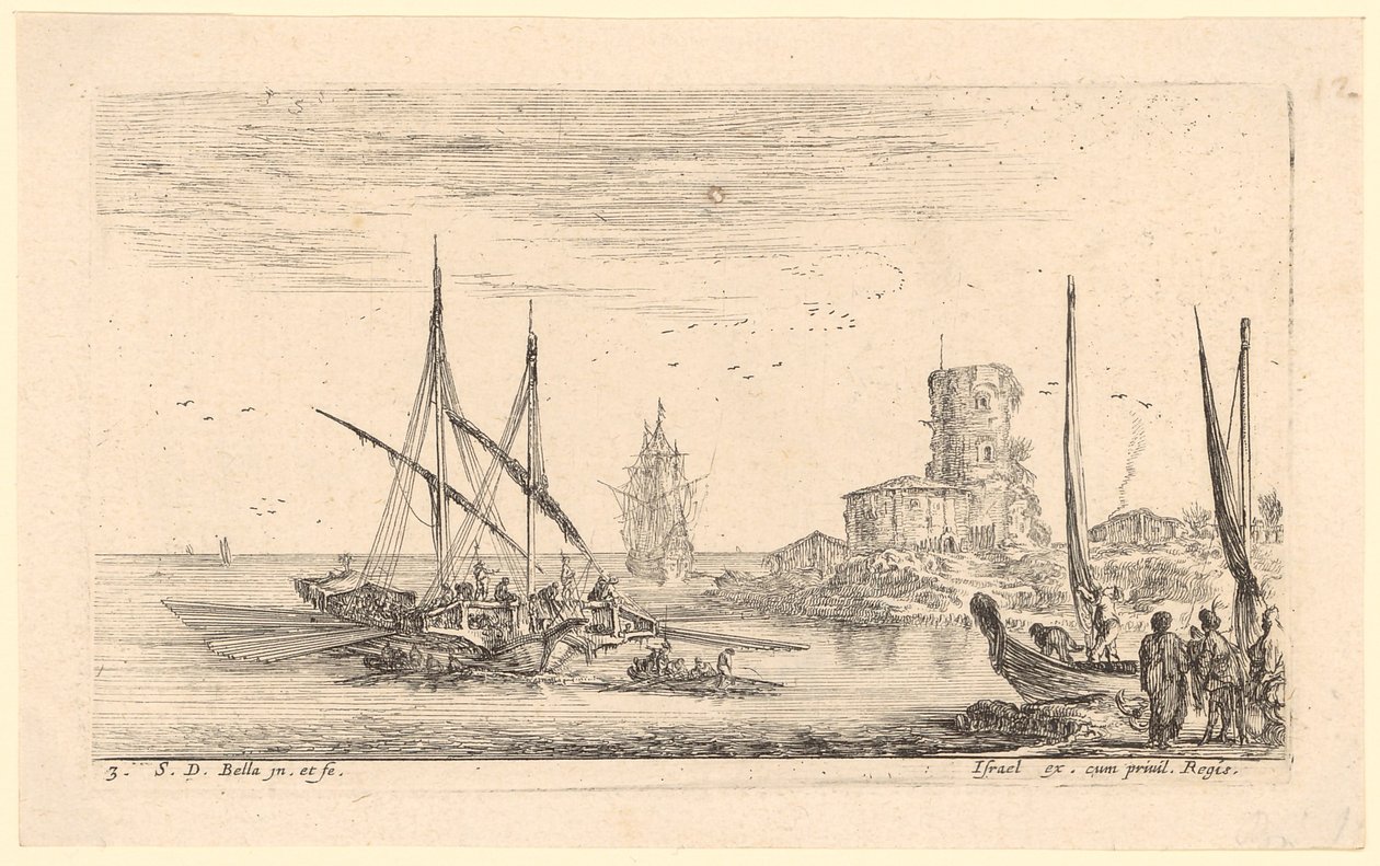 Zeegezicht met meerdere schepen en een oude toren op het strand door Stefano della Bella
