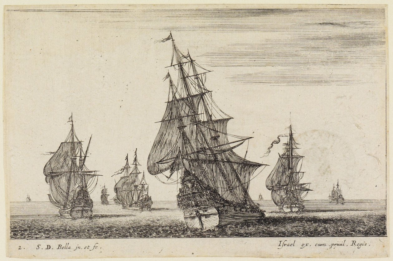 Zeegezichten (Paysages maritimes): een schip dat de zeilen hijst op de voorgrond, andere schepen op de achtergrond door Stefano della Bella