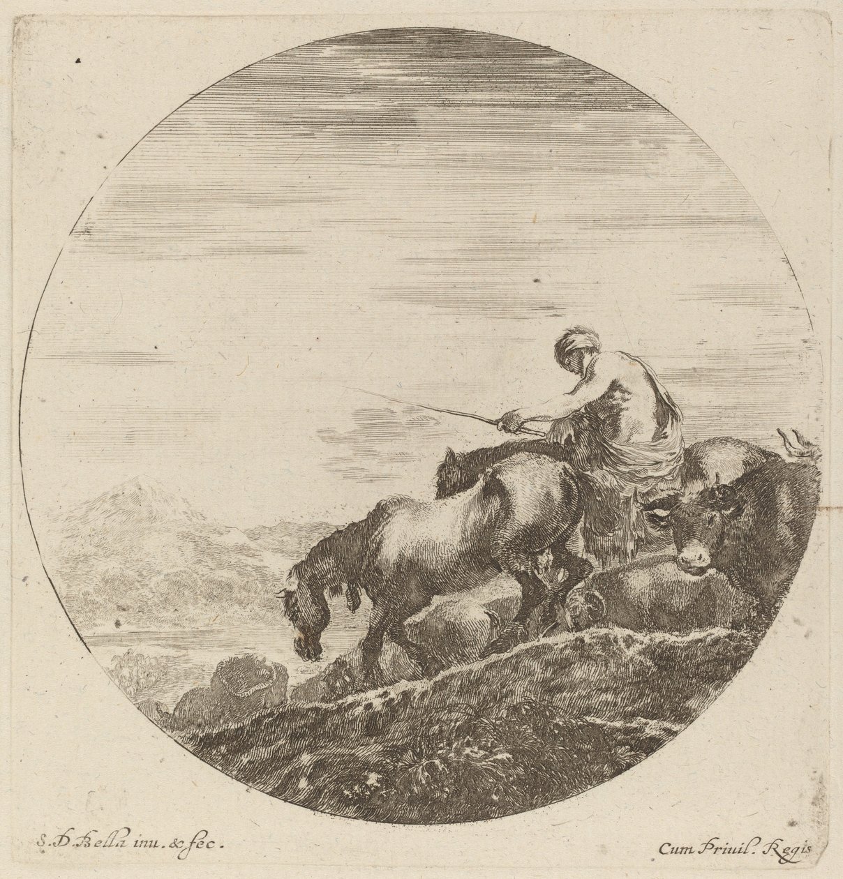Herder op een Paard die een Kudde Verschillende Dieren Drijft door Stefano della Bella
