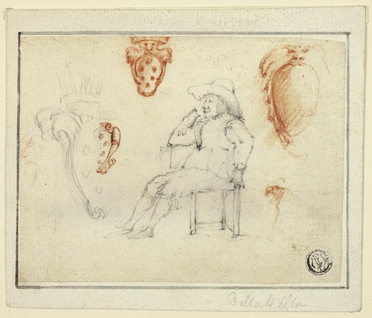 Schetsen van zittende man, Medici wapenschilden door Stefano della Bella