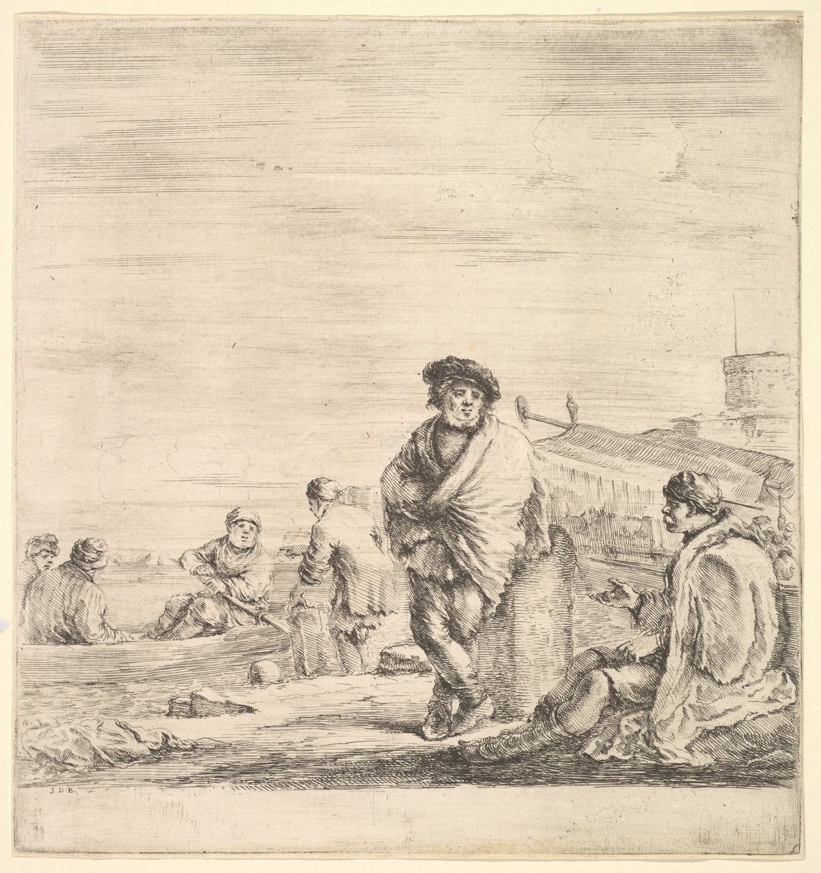 Staande matroos in het midden pratend met een zittende Levantijnse man links, gezien in profiel, ca. 1658-63 door Stefano della Bella