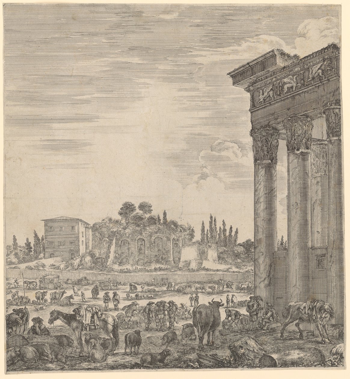 Tempel van Antoninus Pius en Faustina en de Campo Vaccino door Stefano della Bella