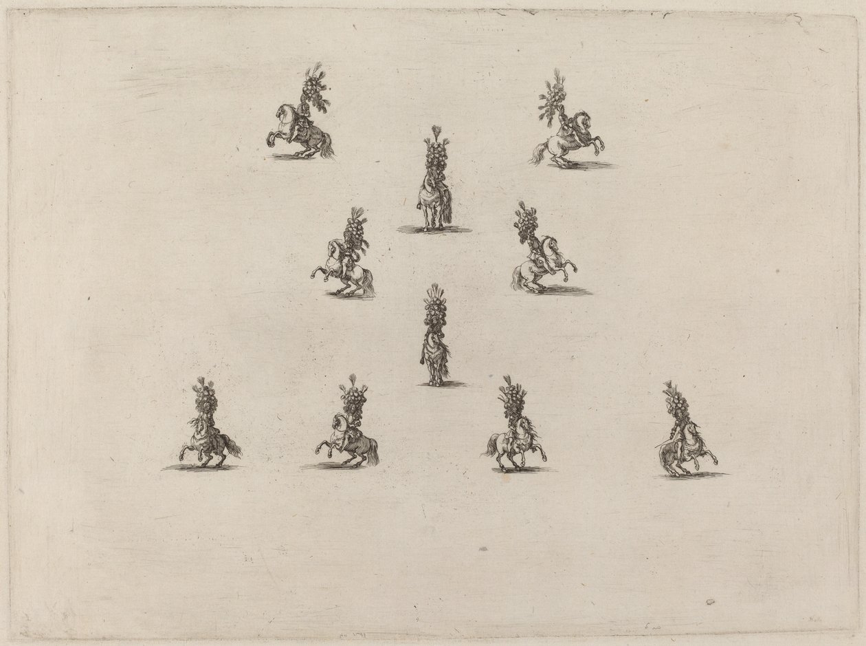 Tien ruiters met grote gevederde helmen, 1652 door Stefano della Bella