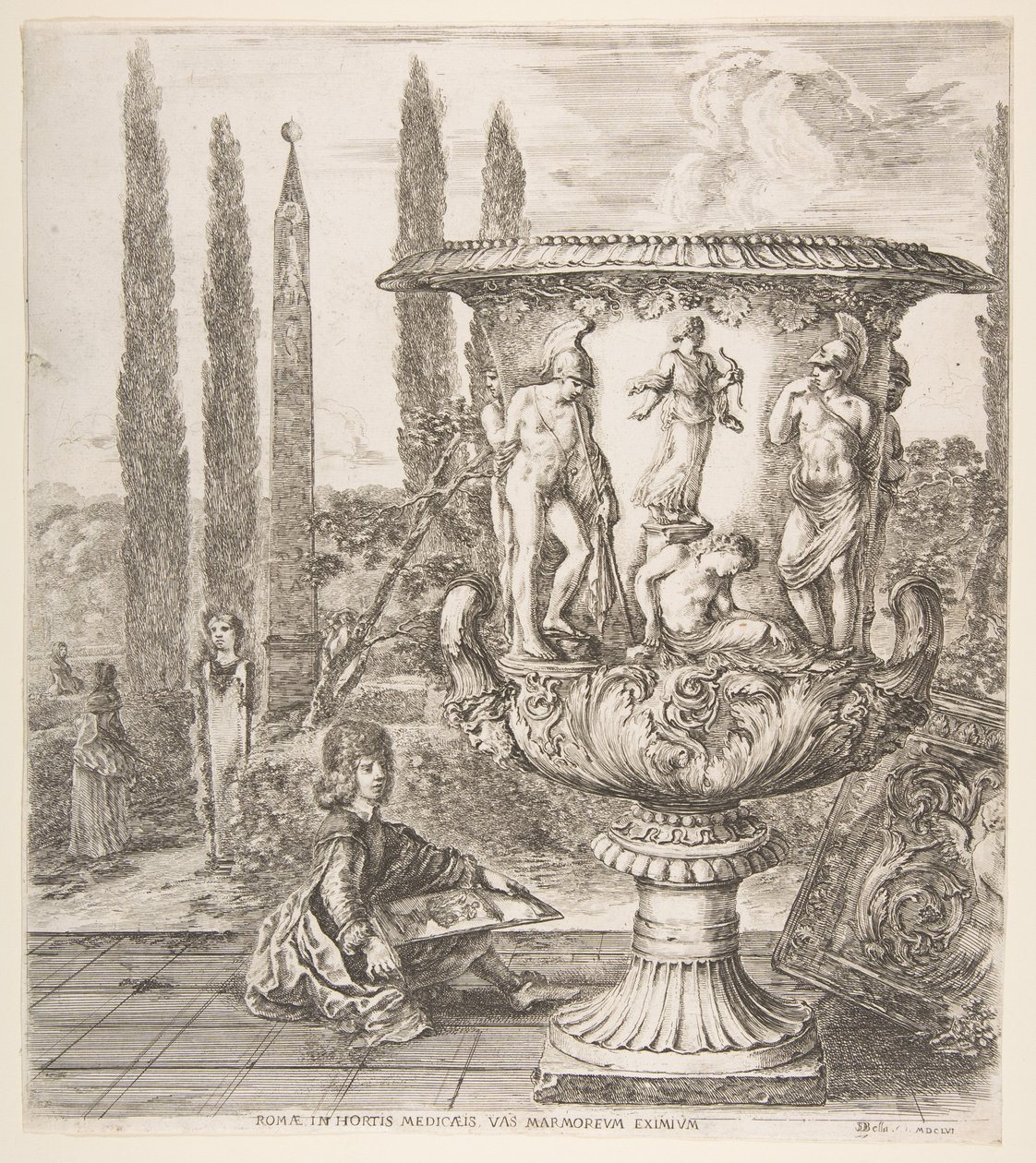De Medici vaas, een grote vaas rechts versierd met een voorstelling van het offer door Stefano della Bella