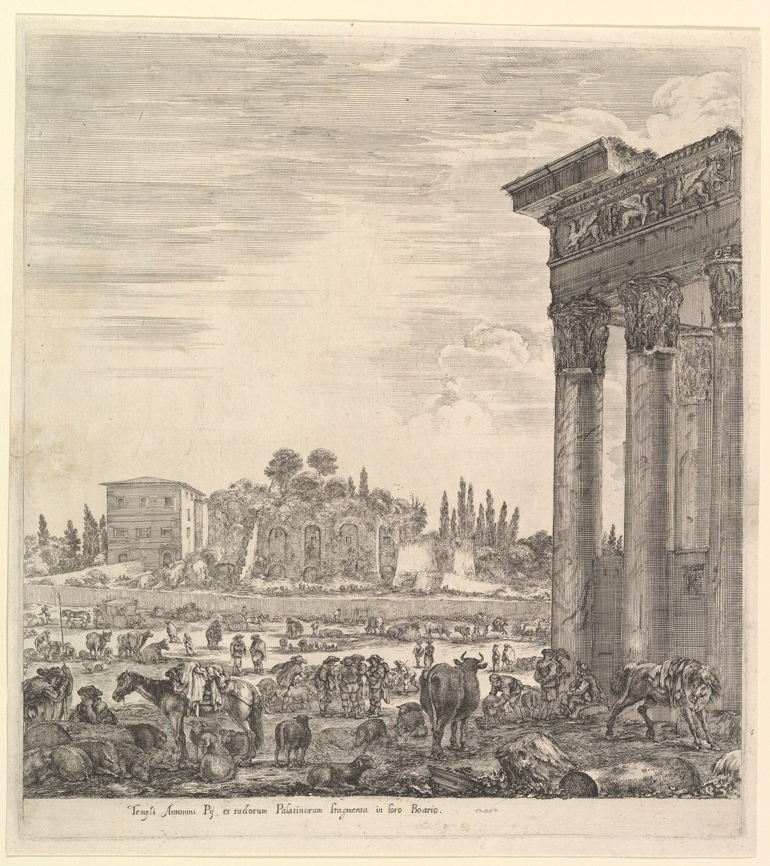 De zuilen van de Tempel van Antoninus rechts, een deel van het Campo Vaccino in het midden, 1656 door Stefano della Bella