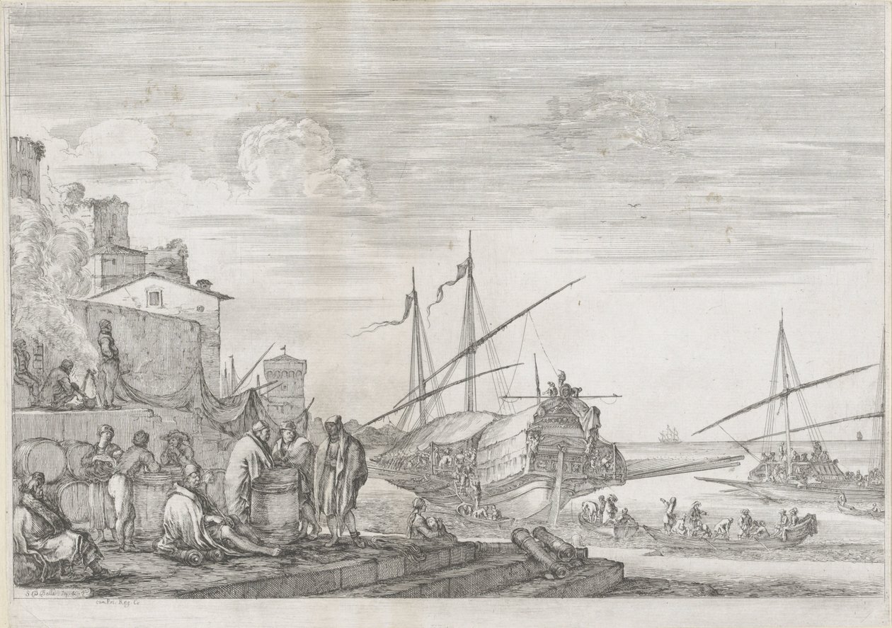 Twee galeischepen in de haven van Livorno door Stefano della Bella