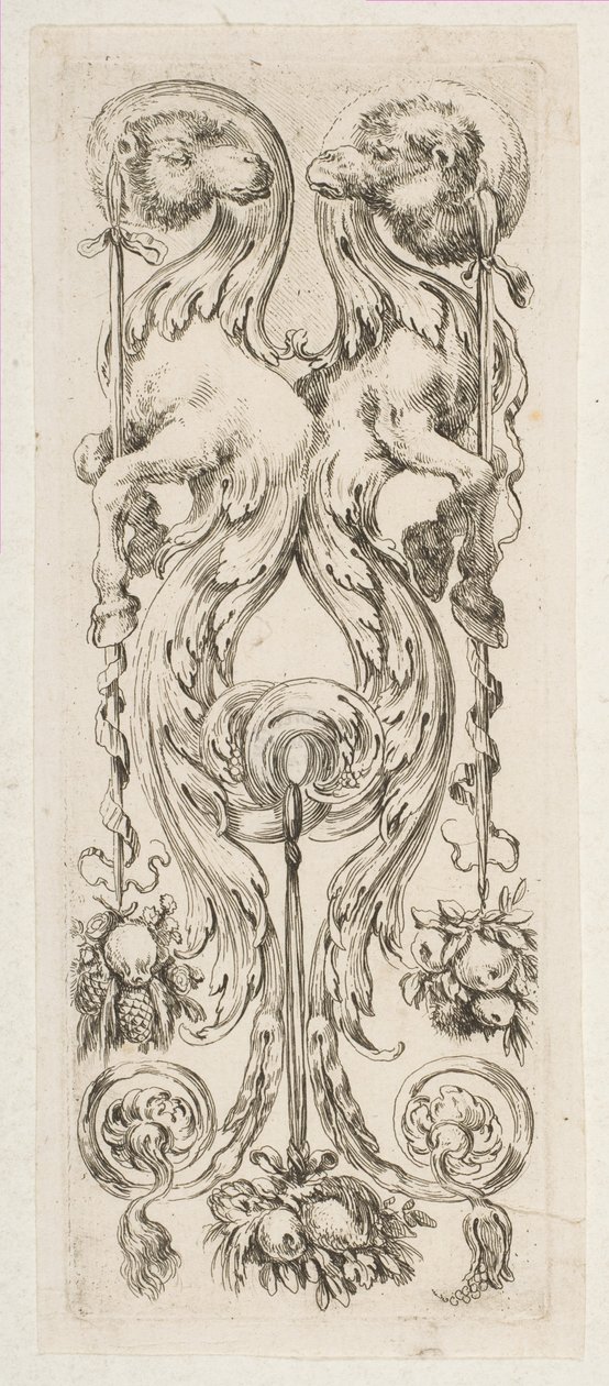Twee tegenovergestelde kameelkoppen met lichamen eindigend in ornament, ca. 1653 door Stefano della Bella