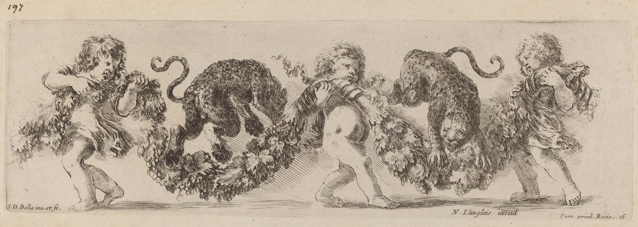 Twee luipaarden springen over een festoen ondersteund door kinderen, waarschijnlijk 1648 door Stefano della Bella