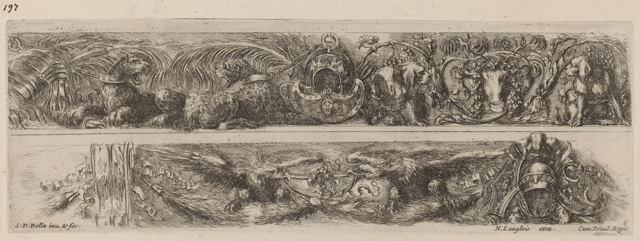 Twee decoratieve banden met geketende luipaarden en adelaars door Stefano della Bella