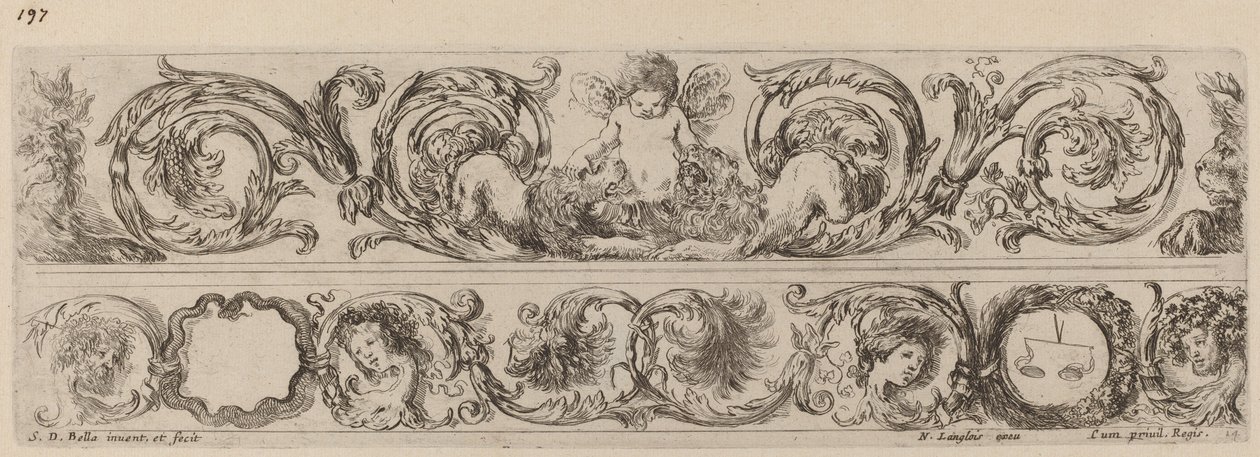 Twee Sierlijke Banden met Cupido en Hoofden van de Vier Seizoenen, waarschijnlijk 1648 door Stefano della Bella