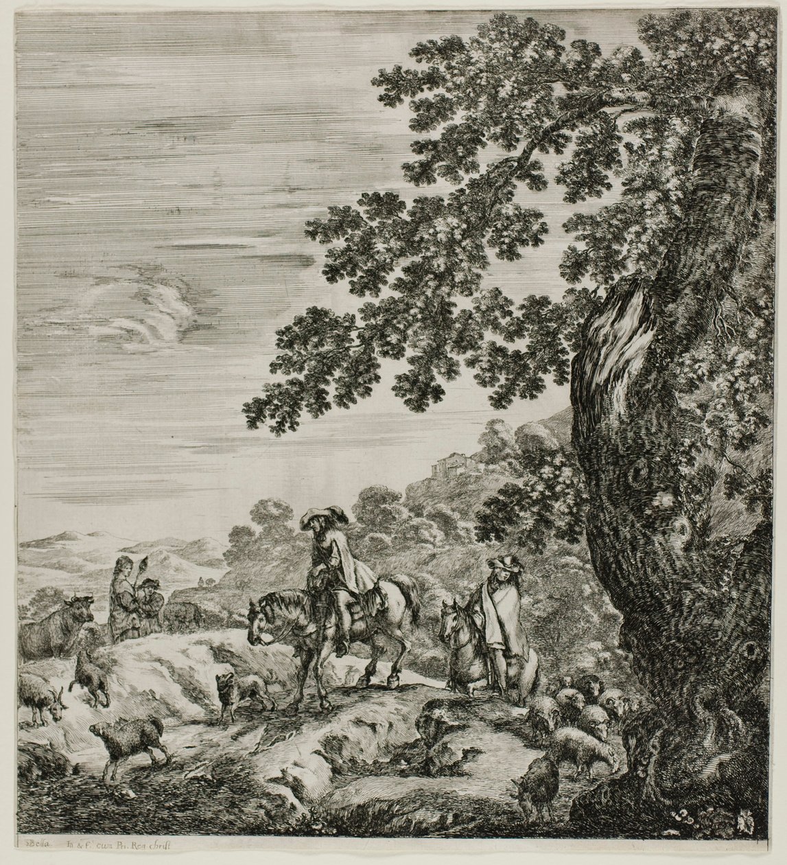Twee ruiters passeren een kudde, plaat vijf uit De Zes Grote Zichten van Rome en de Campagna door Stefano della Bella