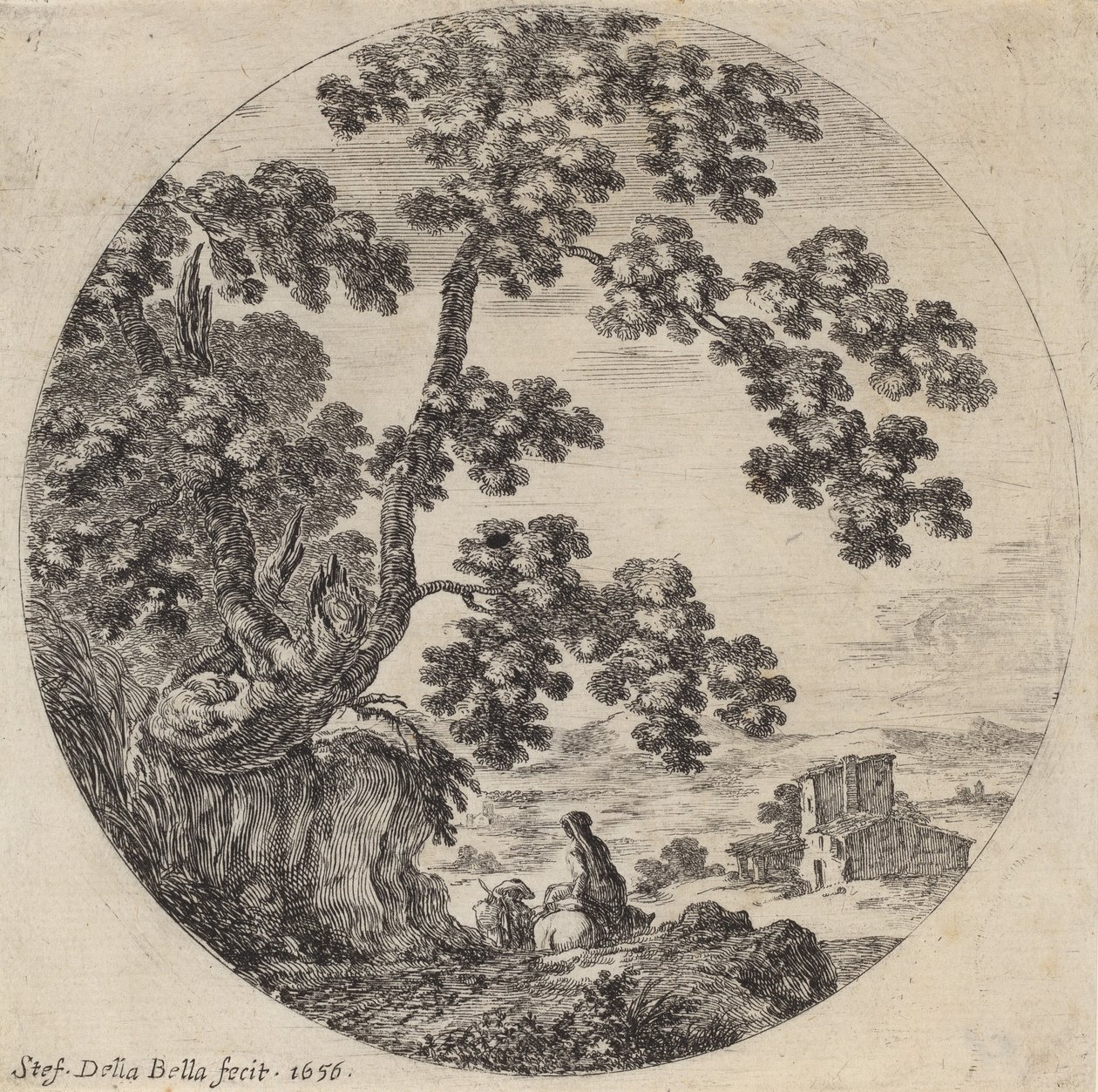 Twee Reizigers die langs een Oude Eik Lopen, 1656 door Stefano della Bella