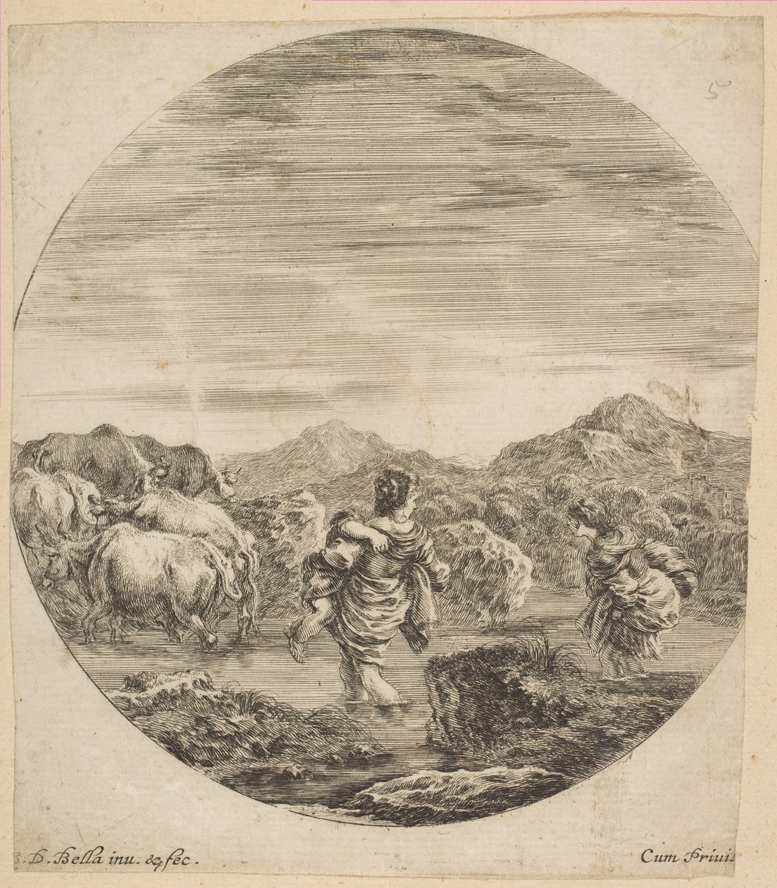 Twee vrouwen die een stroom oversteken, ca. 1646 door Stefano della Bella